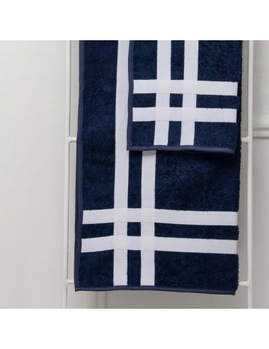 A pair of customizable towels in blue terry cloth with double crossings in white grosgrain