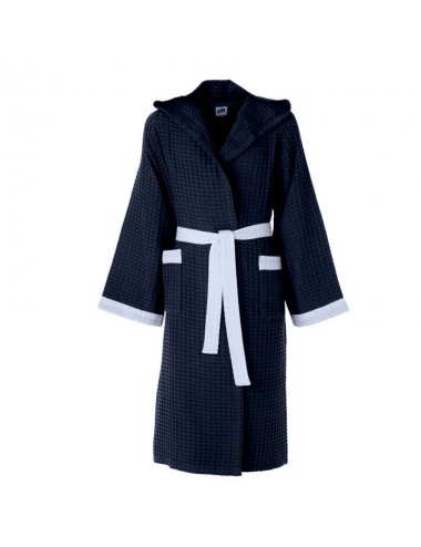 Blue waffle weave bathrobe with white waffle weave edge