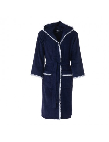 Blue terry cloth bathrobe with white picots