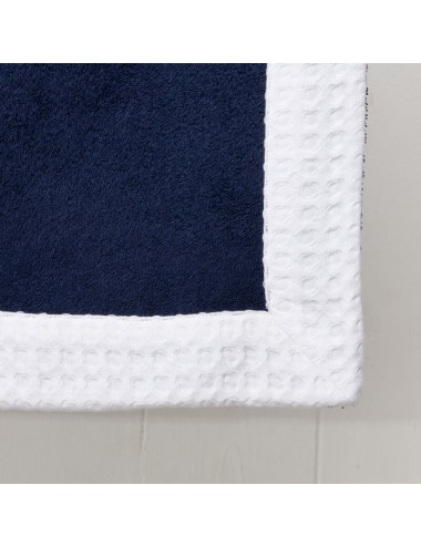 Customizable blue terry cloth beach towel with white waffle weave edge