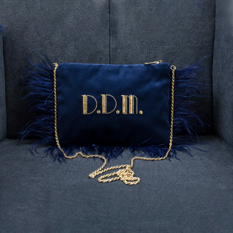 Marie velvet pochette, customizable with initials embroidered in gold